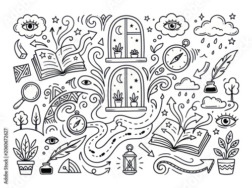 Creative doodle art with open books windows and nature elements.