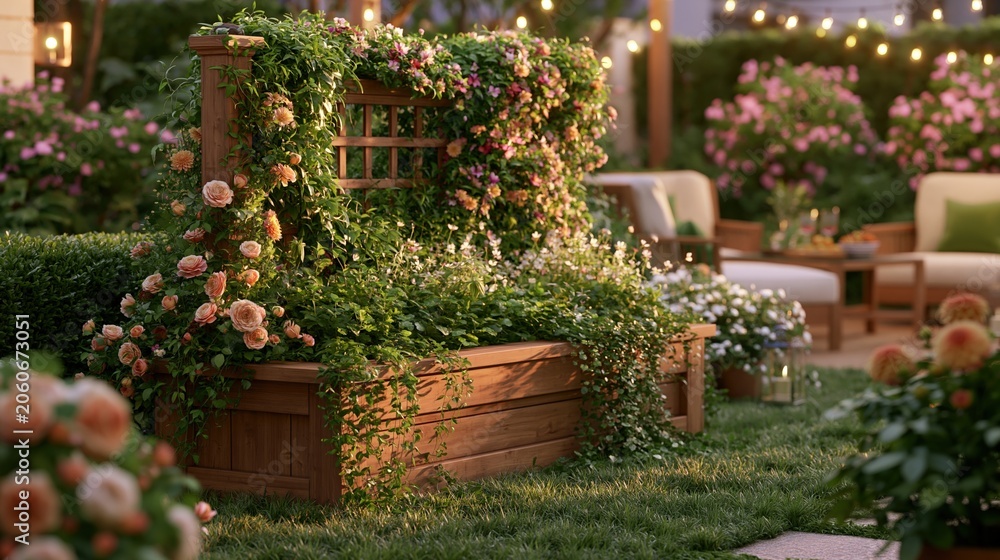 Fototapeta premium Hot Summer season lifestyle theme. A vivid outdoor scene depicts a serene garden at dusk. A wooden planter box is the main subject, adorned with a cascading floral archway.