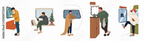 Fotografie A collection of illustrations showing a man enjoying cozy rainy days inside a camper van, reading, drinking coffee, and relaxing in a hygge atmosphere