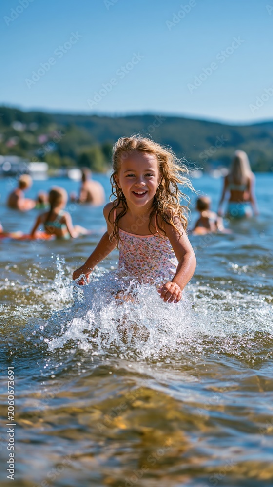 Fototapeta premium Hot Summer season lifestyle theme. A vibrant outdoor portrait of a young girl splashing in the water. She wears a floralpatterned swimsuit and has a bright smile. Her curly hair flows freely.