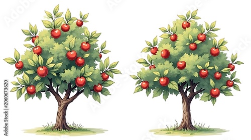 Two Lush Apple Trees Bearing Red Fruit on White Background