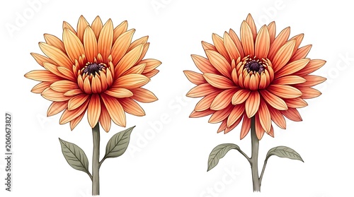Two Orange Illustrated Dahlia Flowers Standing on White Background