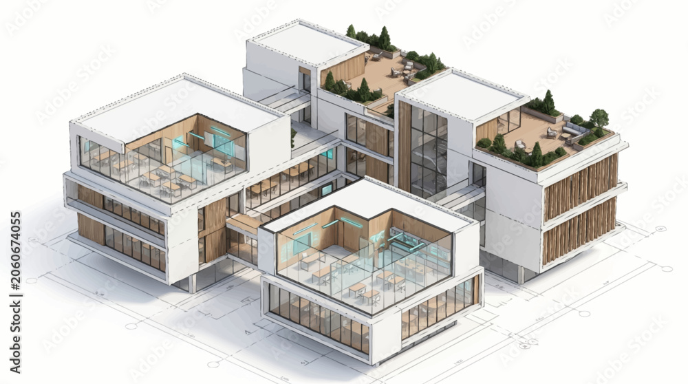 Fototapeta premium Modern Architectural Building Design With Green Rooftops And Cutaway Views.