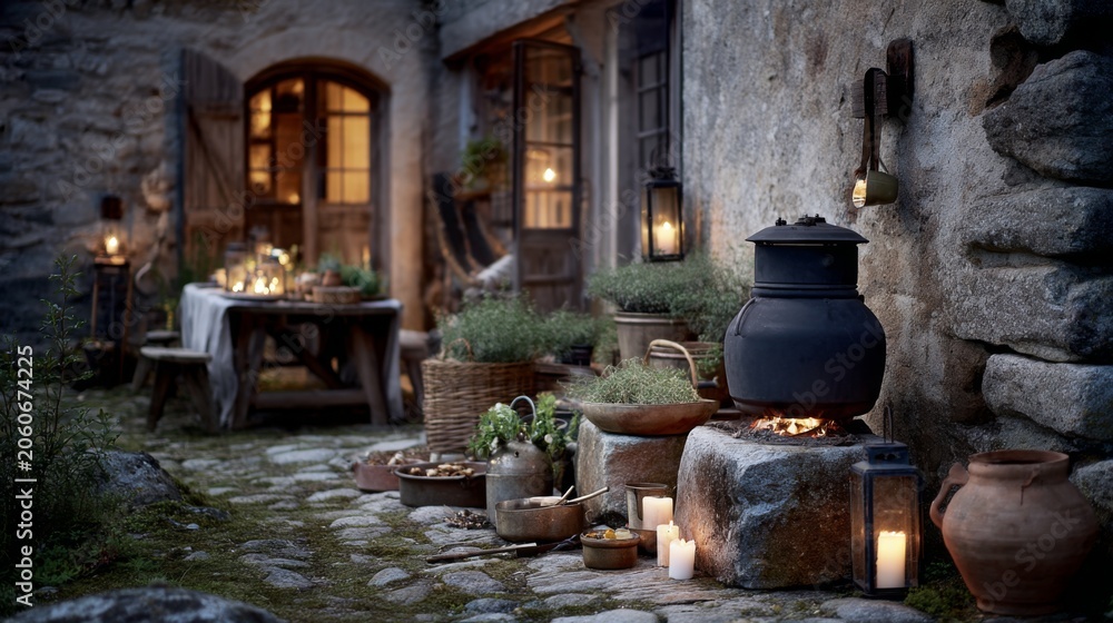 Fototapeta premium Enchanting Outdoor Kitchen Scene with Stone Pathway, Rustic Pots, Lanterns, and Herbs Set Amongst Cozy Cottage Vibes and Gentle Candlelight