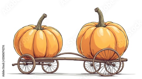 Two Orange Pumpkins Resting on Vintage Wooden Wagon Against White Background