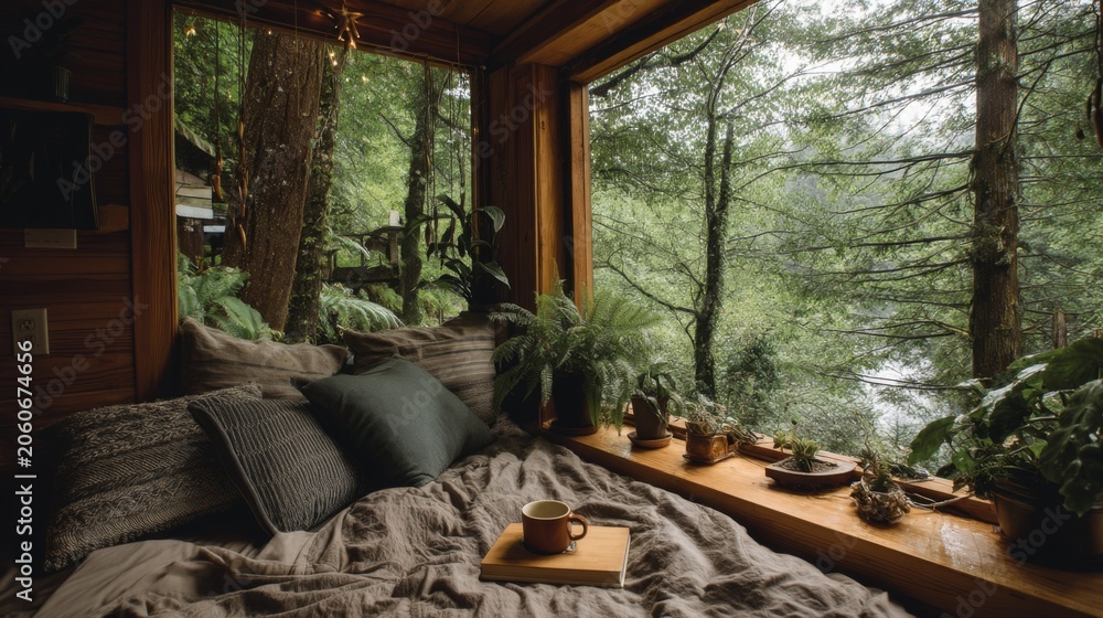 Fototapeta premium Cozy rustic bedroom with large window overlooking lush green forest and tranquil river, inviting ambiance and peaceful atmosphere for relaxation