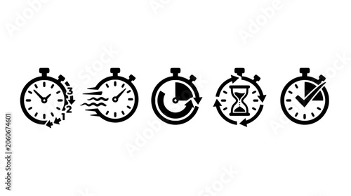 Timer and stopwatch icon set, time management and speed symbols
