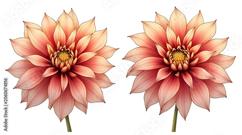Two Peach Dahlia Flowers Blooming on Clean White Background