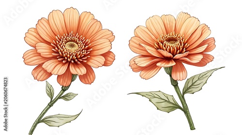 Two Peach Gerbera Daisy Flowers Blooming with Green Leaves on White Background