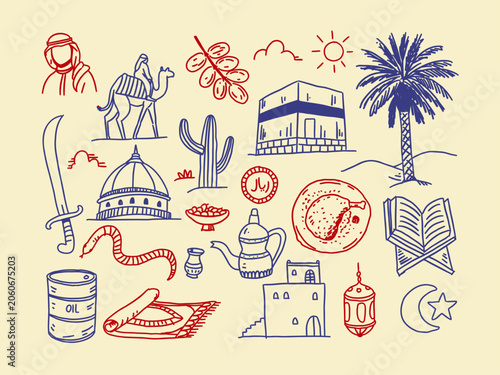 Arab Culture Doodle Icons Set. Hand Drawn Middle Eastern Symbols Collection with Camel, Kaaba, Quran, Palm Tree and Traditional Elements