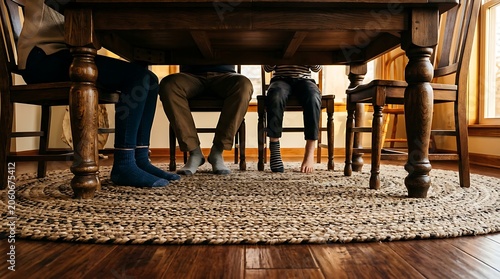 Family legs sitting around a rustic wooden dining table at home