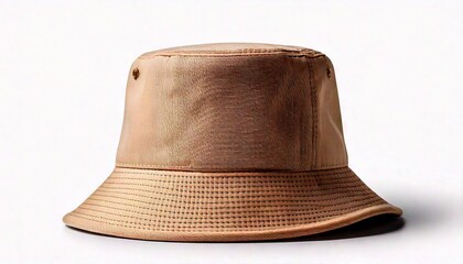 A stylish tan bucket hat sits on a white surface with a subtle shadow.