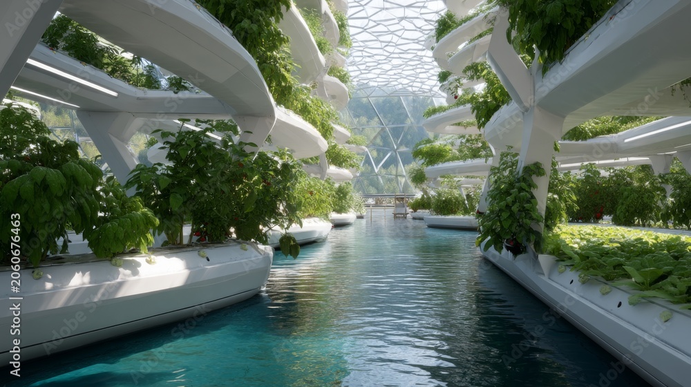 Fototapeta premium Tranquil Urban Oasis with Lush Greenery in Modern Architectural Design Surrounded by Water Canals and Natural Light for Sustainable Living