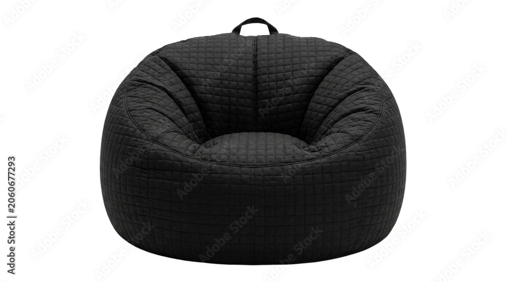 Naklejka premium Modern black quilted bean bag chair for relaxed interior living spaces isolated on white background