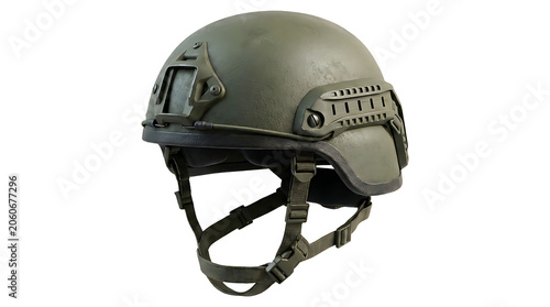 Tactical olive green combat helmet with side rails and front night vision mount isolated on transparent background