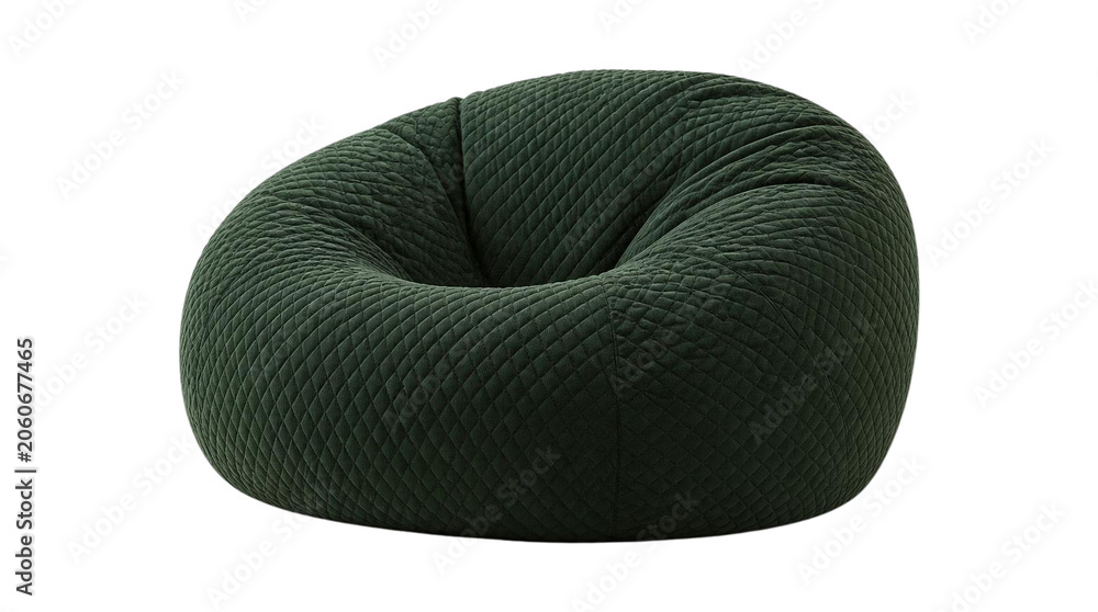 Naklejka premium Dark green quilted bean bag chair for modern home interior design isolated on white background