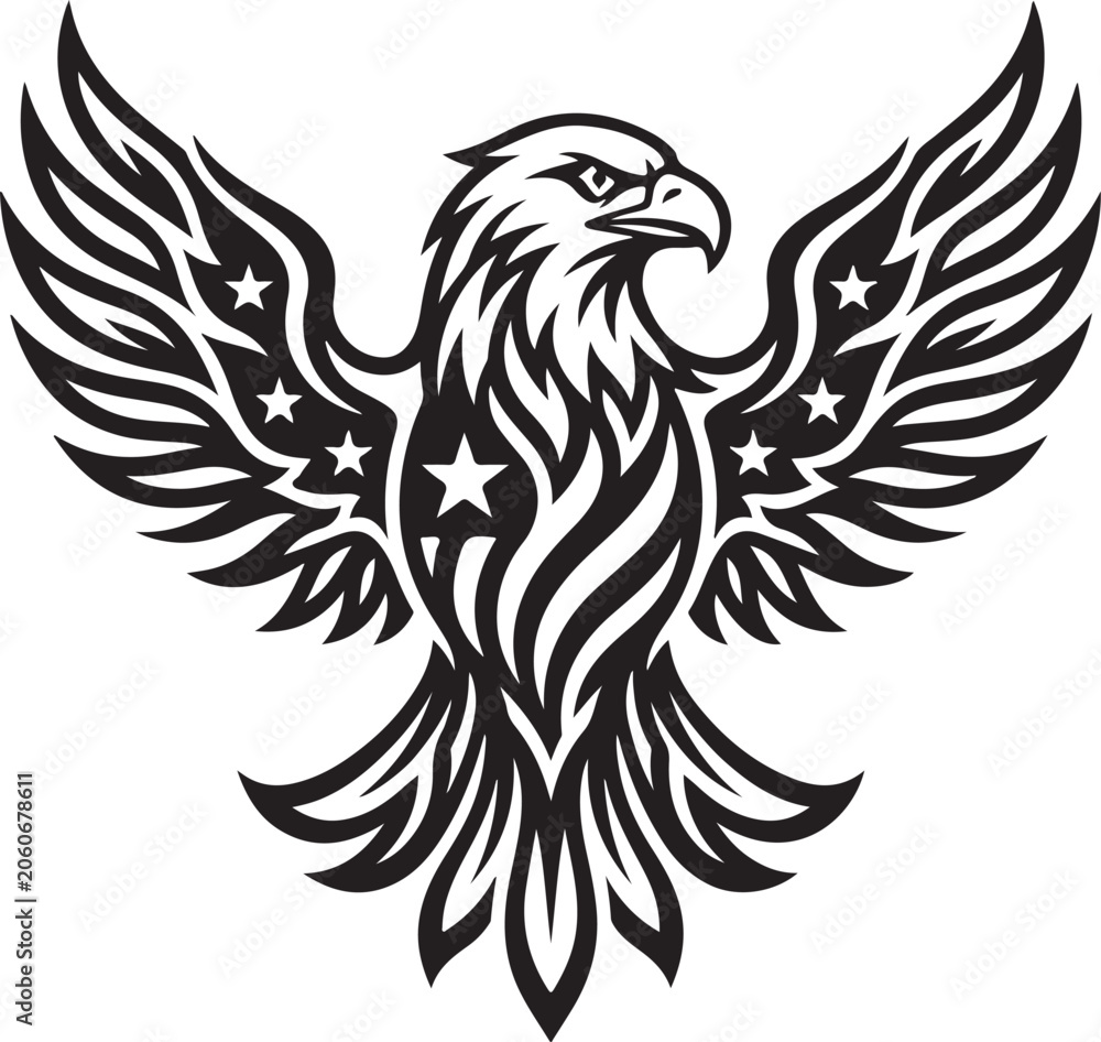 Fototapeta premium Black eagle with stars and flames wings detailed vector illustration