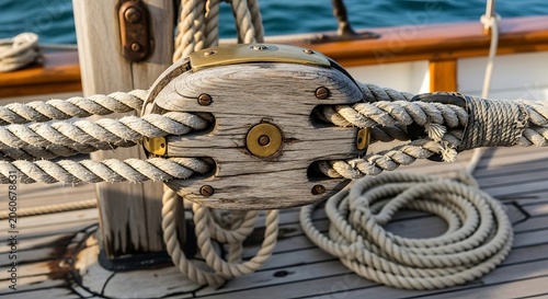 Wooden pulley block with ropes on a classic sailing ship deck