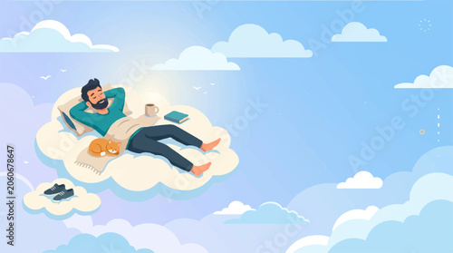 Dreamy illustration, relaxing scene, cloud floating, peaceful atmosphere, vector