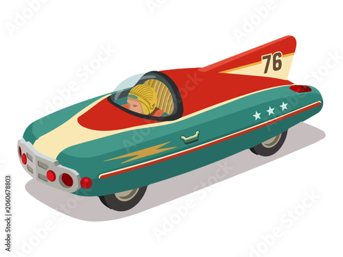 Photos An isometric illustration of a retro soapbox derby car with a driver wearing a leather helmet, featuring a teal and red body, number 76, and star decals