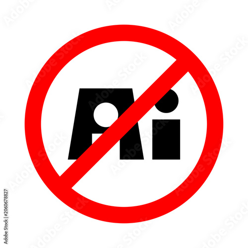 A red prohibition sign with the letters AI inside, indicating a restriction or ban on artificial intelligence.