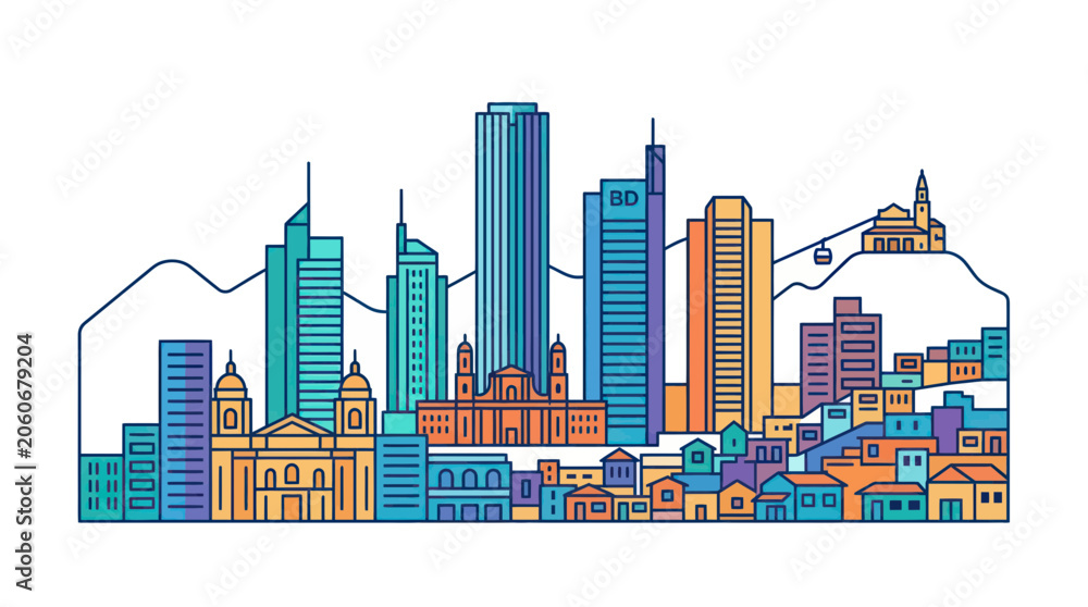 Obraz premium Colorful Hand-Drawn Skyline of a Modern City with Mountains