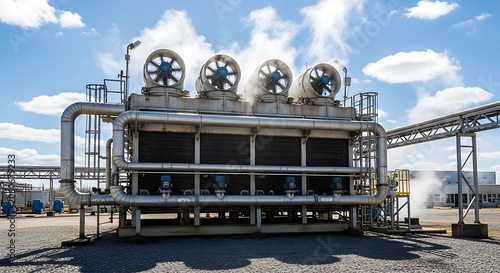 Industrial cooling system with large ventilation fans and piping