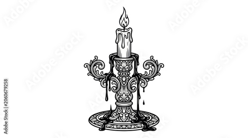 Ornate Candlestick with Dripping Wax and Flame - Vintage Black and White Illustration