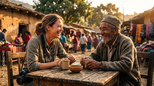 Young woman traveler laughing with local man in sunlit village market