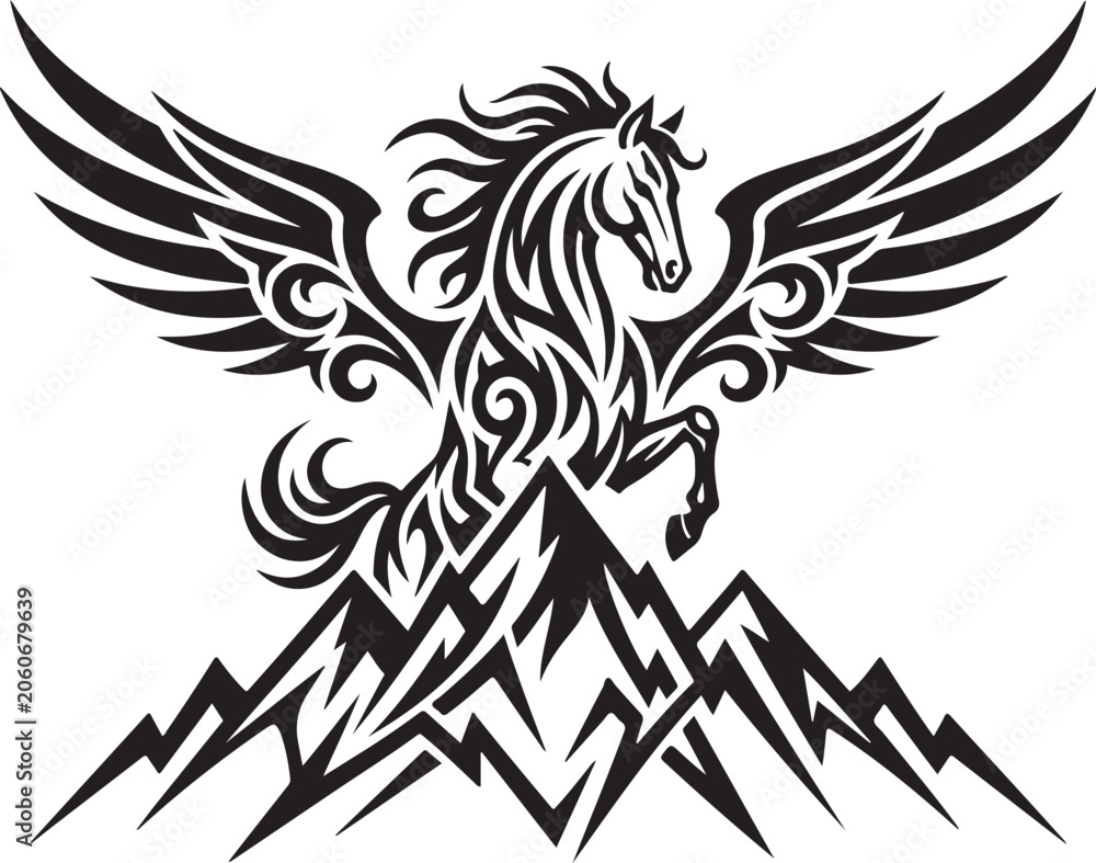 Obraz premium Black winged horse silhouette with mountain illustration
