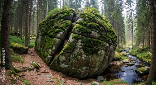 Moss covered boulder in a lush green forest with a stream