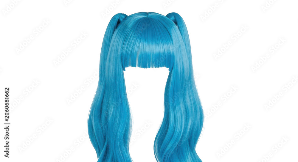 Fototapeta premium Bright cyan blue wig with long wavy hair, straight bangs, and two pigtails isolated on a solid black background, for cosplay or, costume use