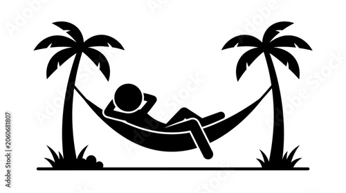 Foto Relaxed Man Napping in a Hammock Under Palm Trees, Symbolizing Tropical Vacation