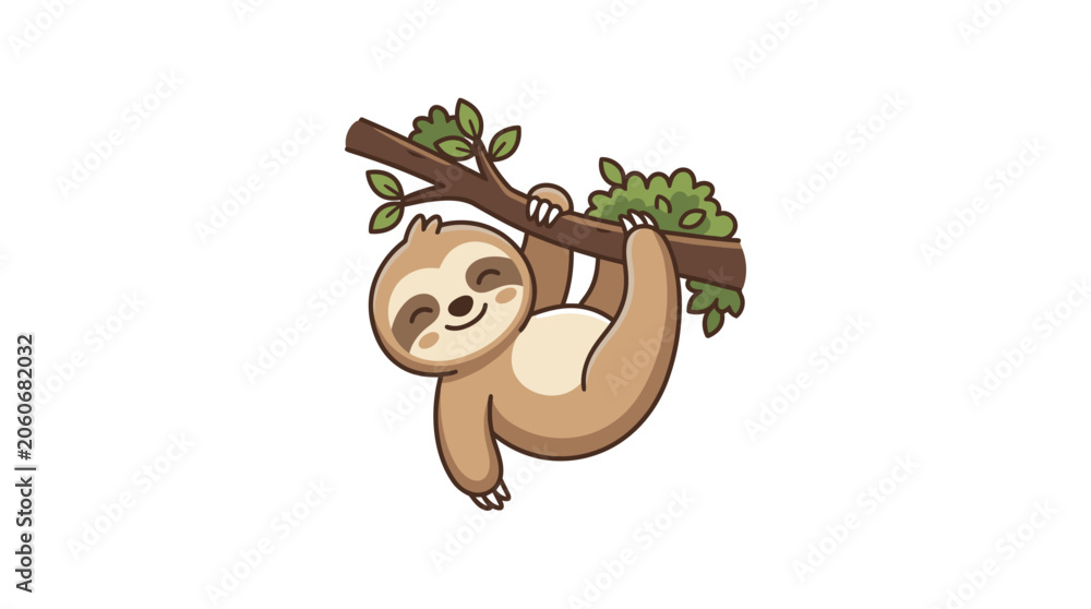 Fototapeta premium A cute cartoon sloth hanging from a tree branch with a happy expression.