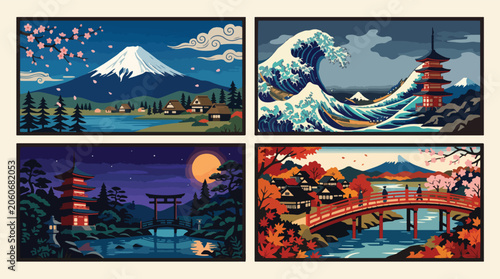 Cuadro en lienzo Four beautiful japanese landscape illustrations featuring mount fuji pagodas che