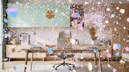 Vibrant colorful confetti explodes in a modern living room with minimalist furniture