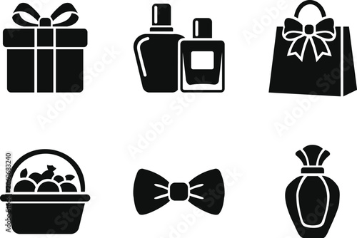 Set of gift icons, including present, perfume, shopping bag, and bow tie