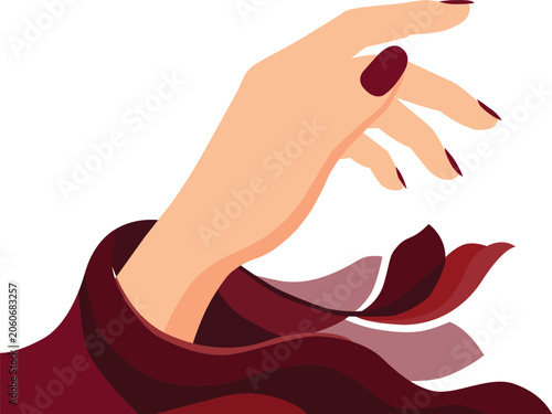 Elegant female hand with dark red manicure touching flowing fabric