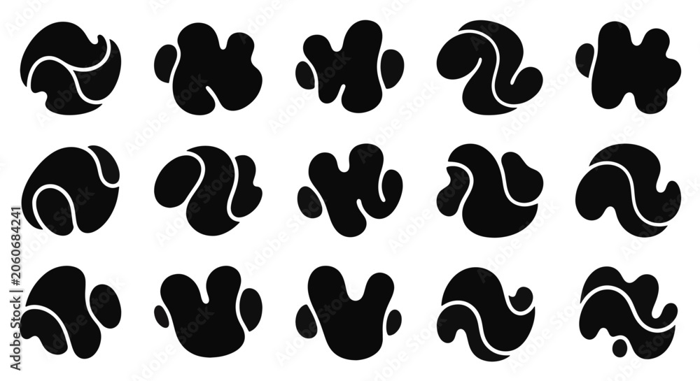 Fototapeta premium Set of fifteen black abstract organic shapes and fluid blots isolated on white background. Minimalist silhouettes with rounded edges for graphic design, logo icons, and branding.