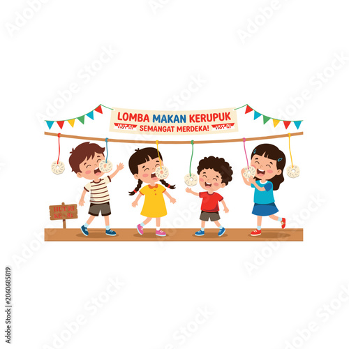Children Enjoying a Traditional Indonesian Independence Day Snack Eating Race