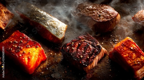 Grilled Meats on Plate with Smoky Atmosphere, Juicy Texture, and Flavorful Seasoning, Close-Up View of Different Cuts for Culinary Expressions