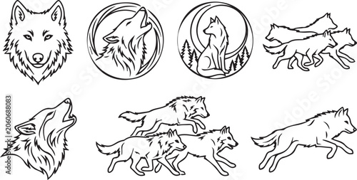 Schilderij op canvas Wolf SVG Bundle Clipart, Pack of 7 Howling Running Wolf Illustrations