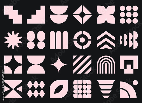 Set of geometric shapes collection with abstract symbols, arches, circles, stripes, flowers, arrows – minimal abstract flat icons