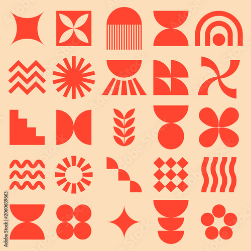 Set of abstract geometric shapeswith bold symbols minimal flat icons with sun, flower, wave, zigzag, arch symbols and decorative modern patterns in red and beige
