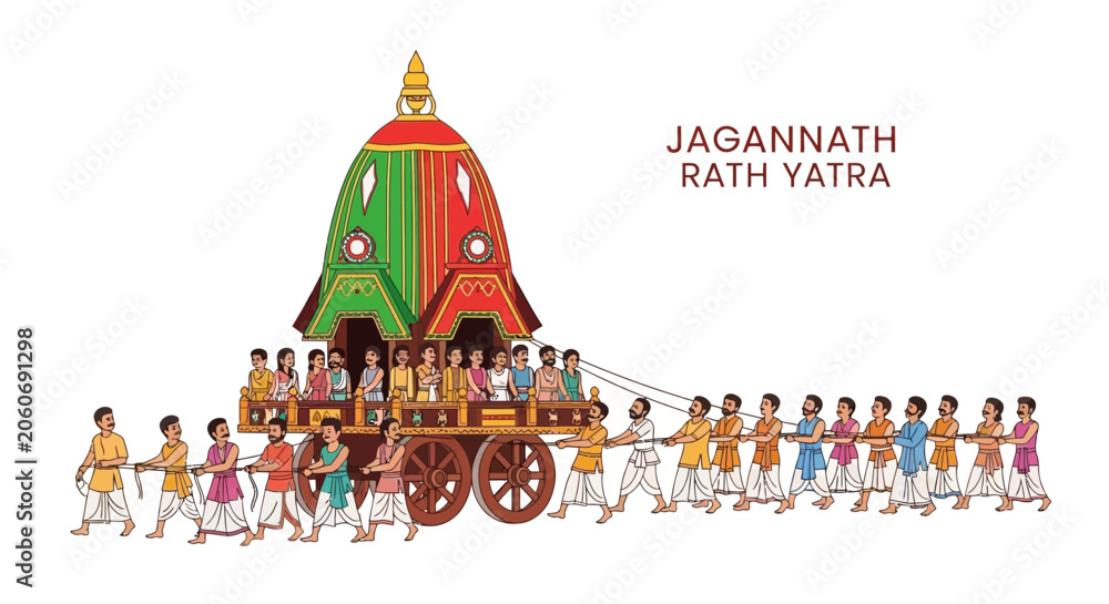 Obraz premium Happy Rath Yatra festival procession with devotees pulling a decorated chariot in a vibrant celebration