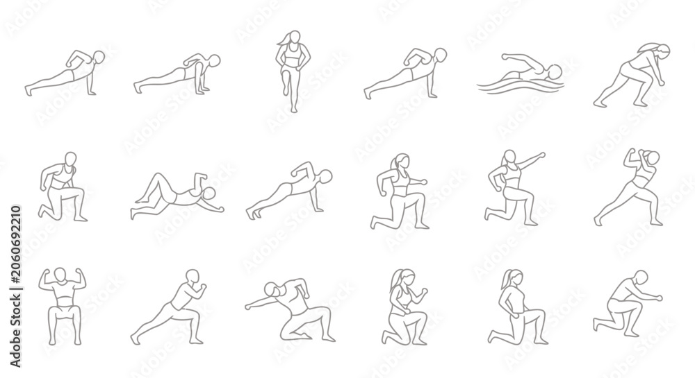Fototapeta premium Collection of line art silhouettes showing diverse athletic poses and active movements for fitness and sport themes.