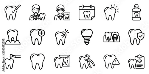 Dental care and dentistry procedure line icon set with dentistry treatment procedure cleaning protection practice