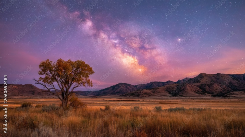 Fototapeta premium Majestic Night Sky Over Serene Landscape with Vibrant Milky Way and Solitary Tree in a Peaceful Valley