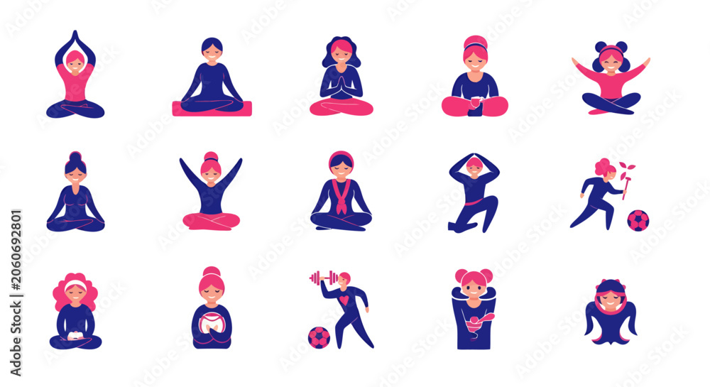 Fototapeta premium Collection of diverse people practicing yoga and meditation in various poses and postures for leisure and well being.