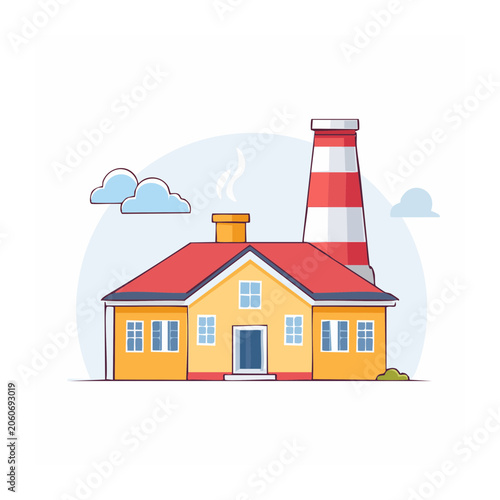 Flat Design Illustration of Lighthouse and House